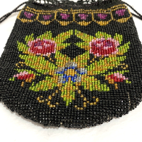 Vintage beaded pouch purse black & pink flowers crochet drawstring beggars bag - Picture 2 of 12
